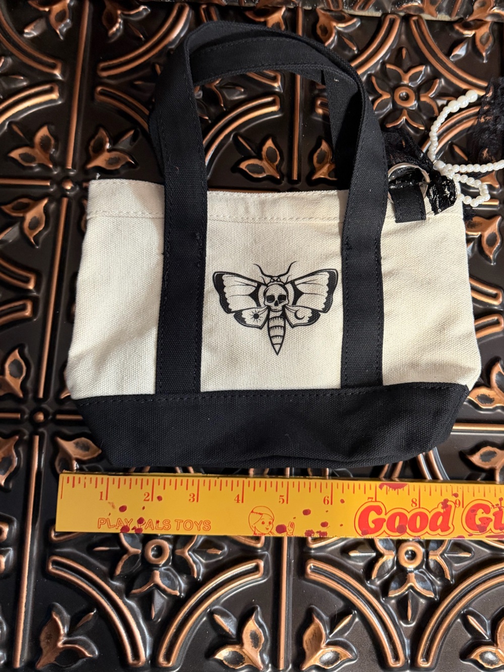 Hot Topic Black & Cream Mini Tote with Skull Moth Print